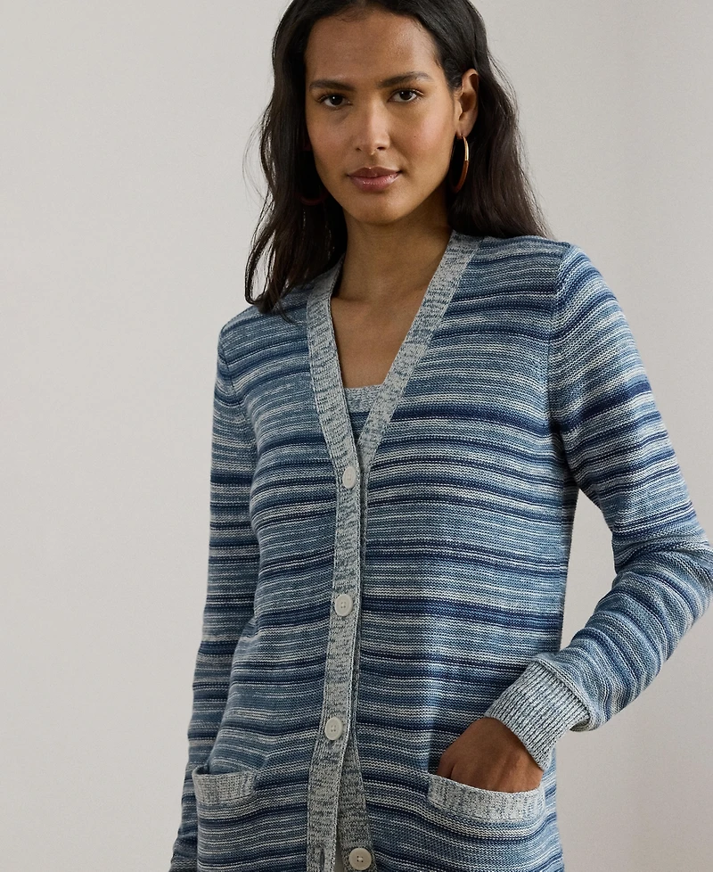 Lauren Ralph Women's Striped Long-Sleeve V-Neck Cardigan