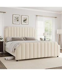 gaomon California King Platform Bed Frame Velvet Upholstered Tall Headboard Footboard Nailhead Trim No Box Spring Cream