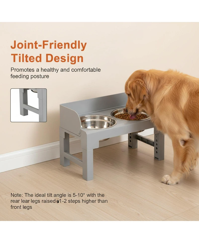 Aronkl Dog Elevated Stand with Slow Feeder & 2 Stainless Steel Bowls Adjustable Height Tilted Design