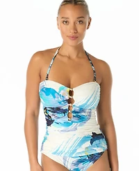 Carmen Marc Valvo Women's Amorphic Bead Trim Bandeau Neck One-Piece Swimsuit