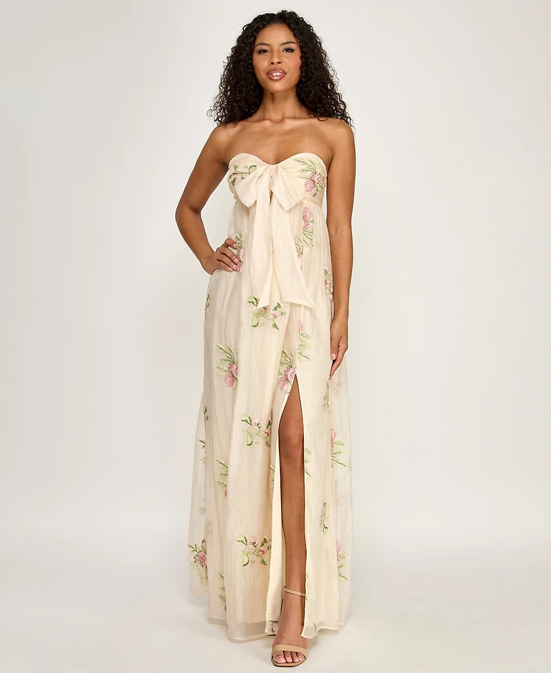 Seni & Cade Women's Floral Embroidered Strapless Tie-Front Dress