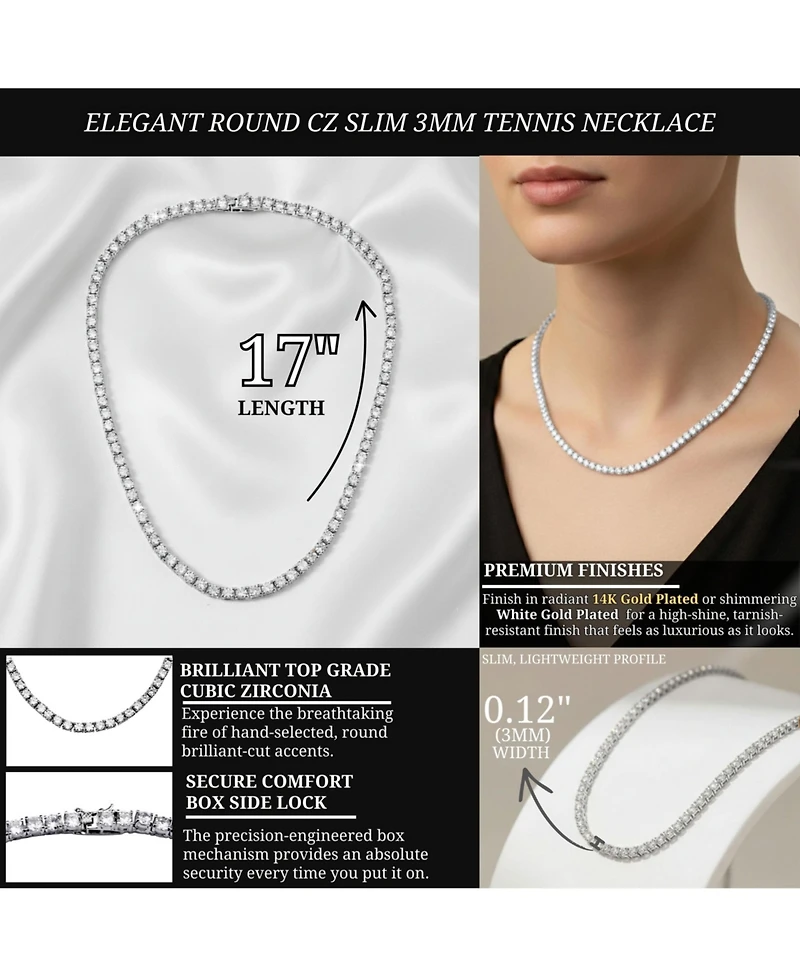 White Gold Plated And 14k Gold Plated Cubic Zirconia 3MM Tennis Necklace