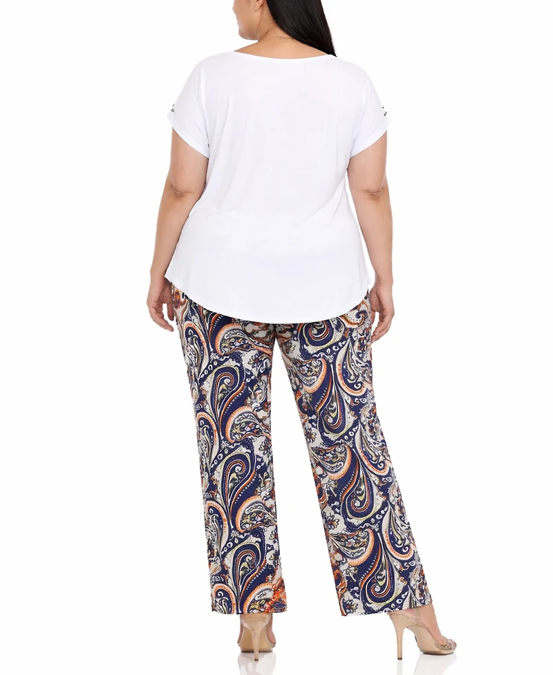 White Mark Plus Solid Top Paisley Print Pant Set