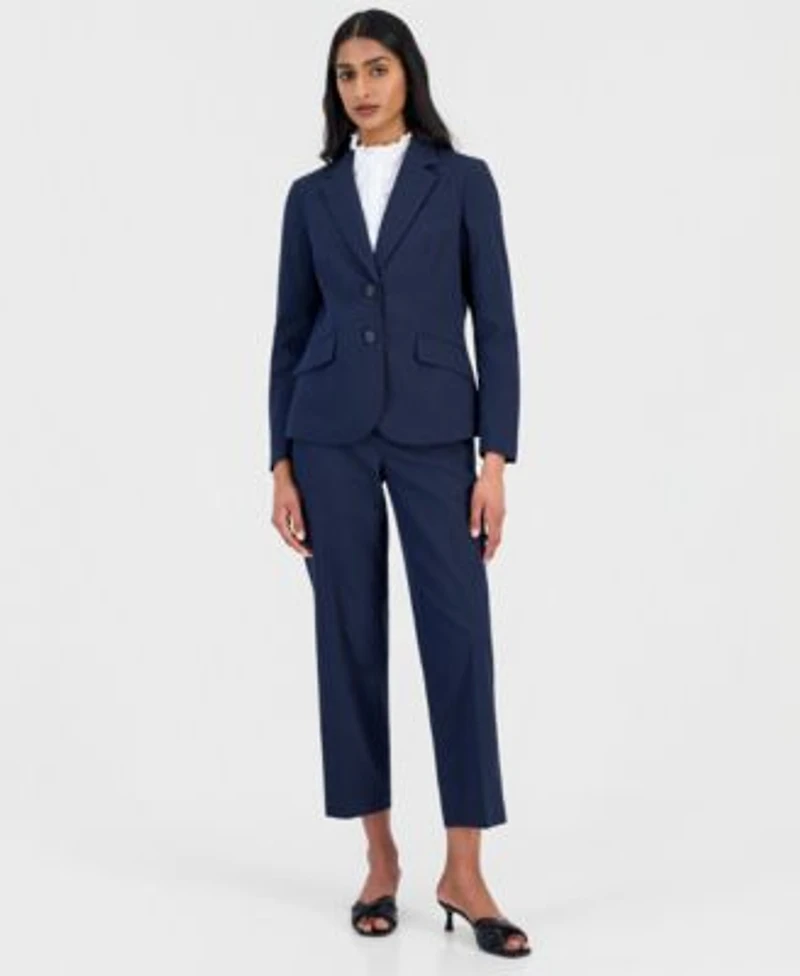 Anne Klein Womens Seersucker Stripe Blazer Ruffle Trim Shirt Seersucker Stripe Pants