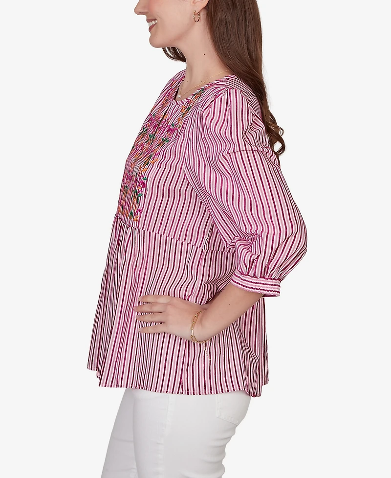 Ruby Rd. Plus Embroidered Placket Stripe Top