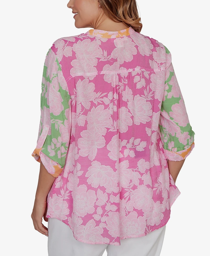 Ruby Rd. Plus Color Block Floral Pintuck Gauze Top