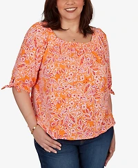 Ruby Rd. Plus Paisley Print Tie-Sleeve Knit Top