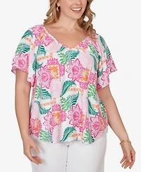 Ruby Rd. Plus Tropical Floral Eyelet Flutter Sleeve Top