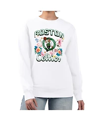 G-iii 4Her By Carl Banks Women's White Boston Celtics Flowers Team Logo Graphic Fleece Crewneck Pullover Sweatshirt