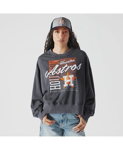 New Era Women's Navy Houston Astros Boxy Mineral Wash Dolmen Sleeve Cropped Sweatshirt