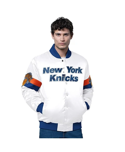 Starter Men's White New York Knicks Triple Option Varsity Full-Snap Satin Jacket