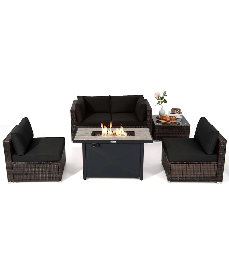 Costway 6PCS Patio Furniture Set Rattan Cushioned Sofa Gas Fire Pit Table