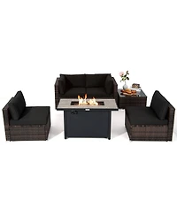 Costway 6PCS Patio Furniture Set Rattan Cushioned Sofa Gas Fire Pit Table