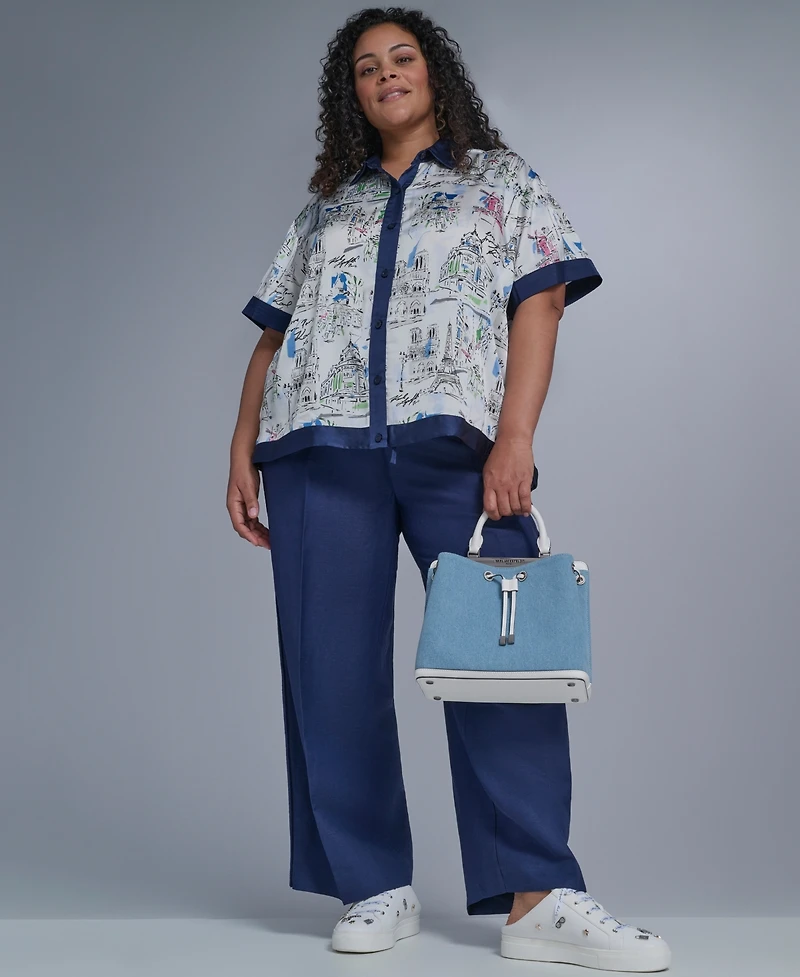 Karl Lagerfeld Paris Plus Printed Collared Camp Shirt