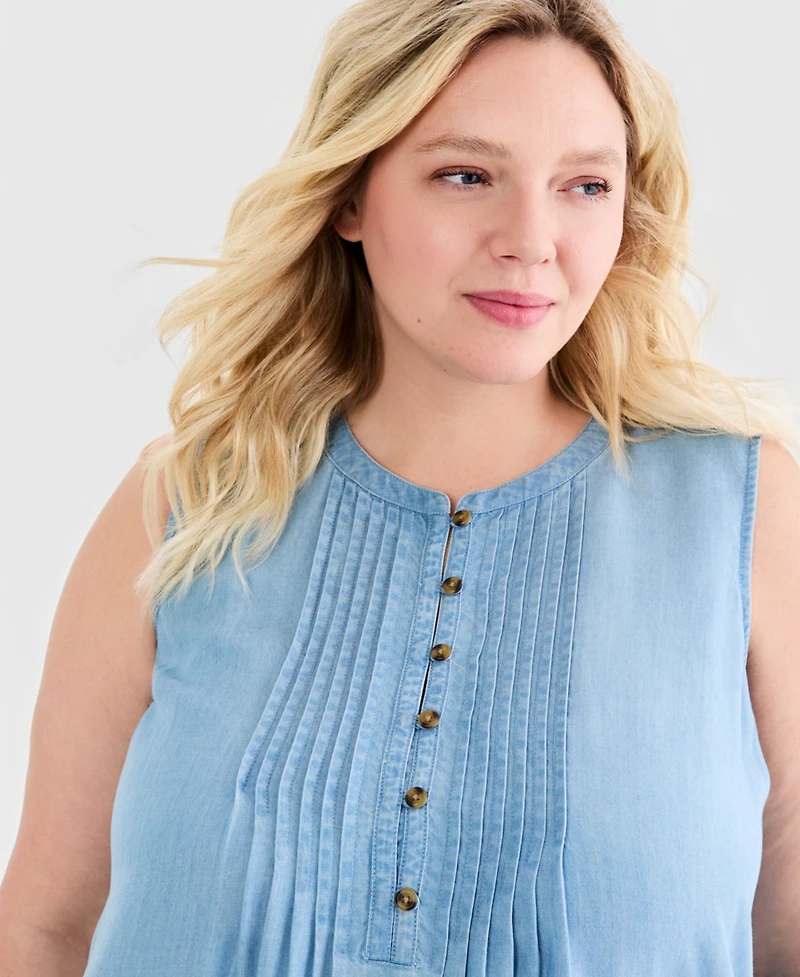 Style & Co Plus Pintucked Sleeveless Chambray Dress, Macy's Exclusive
