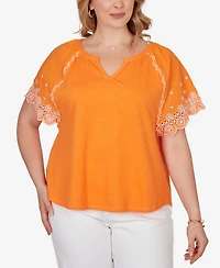 Ruby Rd. Plus Size Embroidered Sleeve Slub Knit Top