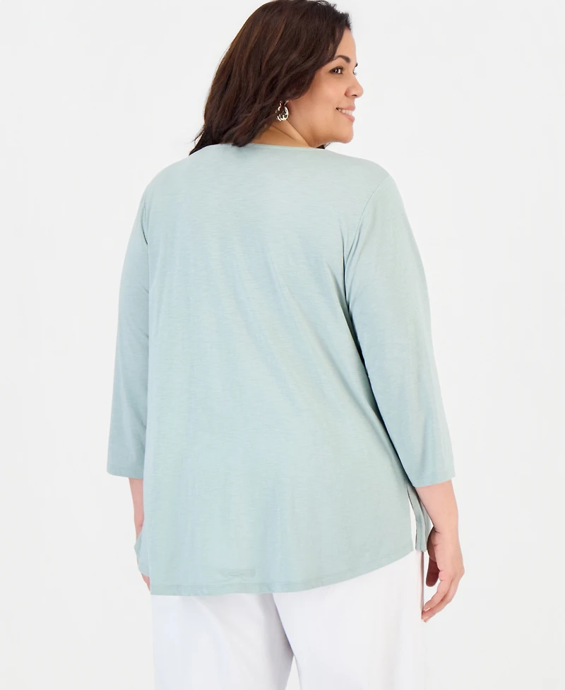 Style & Co Plus Pintucked Split-Neck 3/4-Sleeve Top, Macy's Exclusive