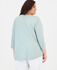 Style & Co Plus Pintucked Split-Neck 3/4-Sleeve Top, Macy's Exclusive