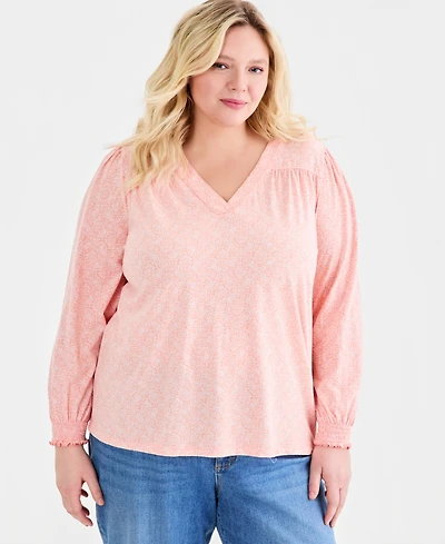 Style & Co Plus Smocked-Cuff V-Neck Top, Macy's Exclusive