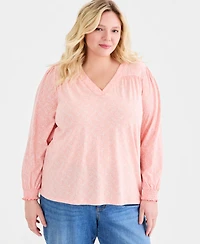 Style & Co Plus Smocked-Cuff V-Neck Top, Macy's Exclusive