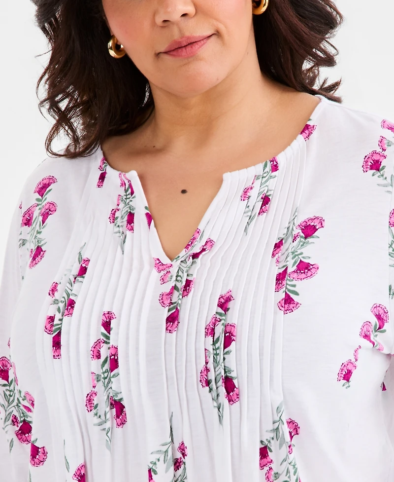 Style & Co Plus Pintucked Split-Neck 3/4-Sleeve Top, Macy's Exclusive