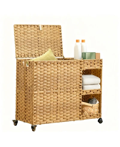 Yigii Gal. Rattan Laundry Hamper with Wheels, Liners, Mesh Bags, Durable