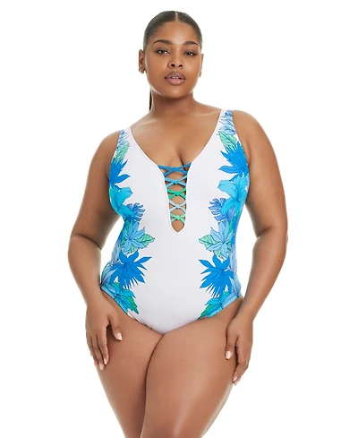 Bleu by Rod Beattie Plus Leys Get Knotty Lace-Down V-Neck One Piece Swimsuit