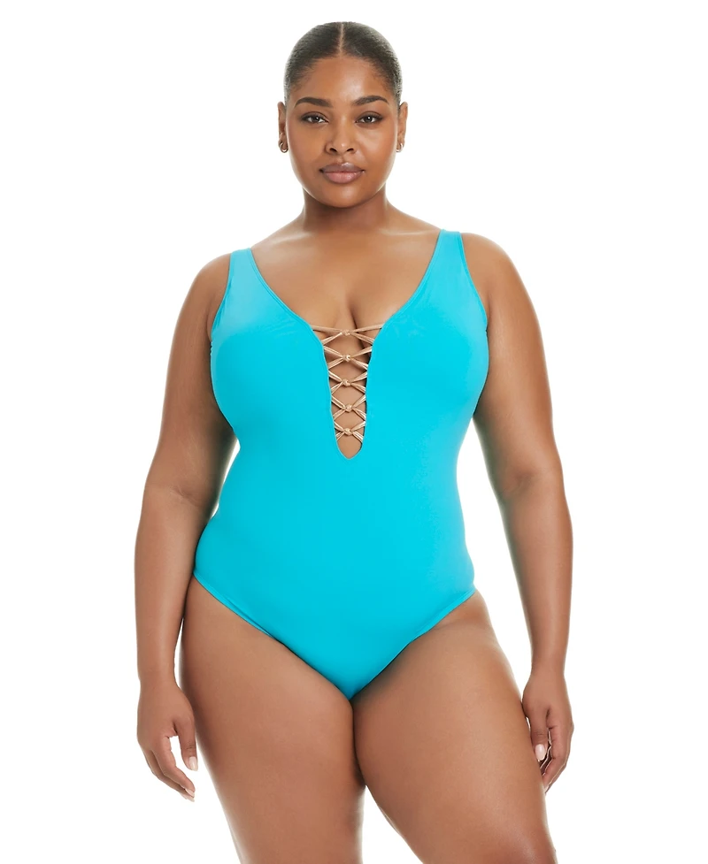 Bleu by Rod Beattie Plus Leys Get Knotty Lace-Down V-Neck One Piece Swimsuit