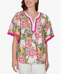 Ruby Rd. Petite Tropical Floral Trim Detail Top
