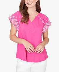 Ruby Rd. Petite Embroidered Sleeve Slub Knit T-shirt