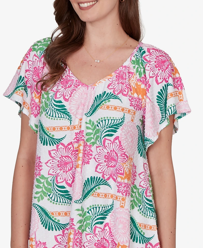 Ruby Rd. Petite Tropical Floral Eyelet Flutter Sleeve T-shirt