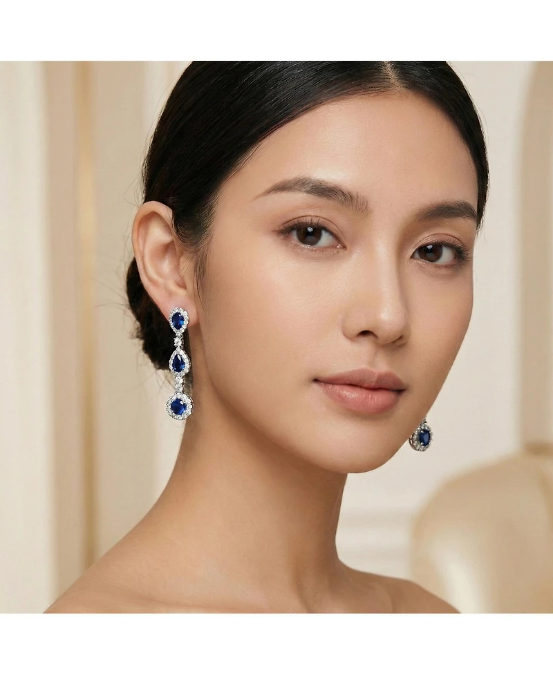 Sterling Silver Clear Cubic Zirconia Linear 3 Prong Dangle Earrings