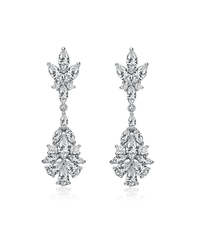 Elegant Sterling Silver & Rhodium-Plated Marquise, Pear, and Round Cubic Zirconia Cluster Earrings