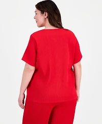 Anne Klein Plus V-Neck Button-Front Short-Sleeve Top