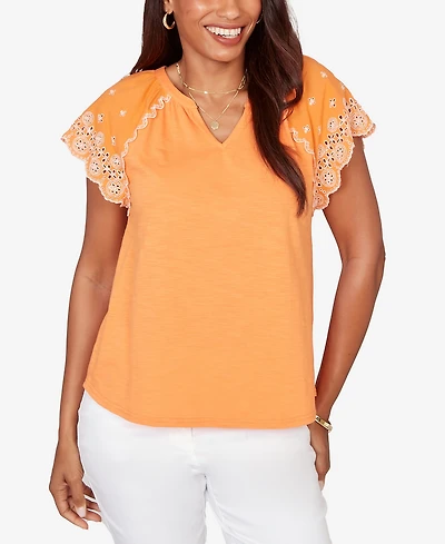 Ruby Rd. Petite Embroidered Sleeve Slub Knit T-shirt