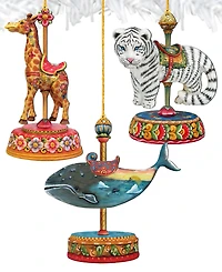 Designocracy Tiger, Santa, Giraffe Christmas Carousel Holiday Ornaments