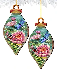 Designocracy Dragonflies and Water Lilies Holiday Ornaments, Set of 2