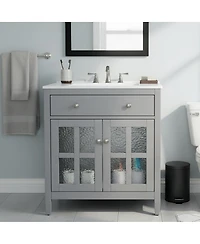 Sillysis 30" Bathroom Vanity with Sink, Modern Solid Wood Cabinet Textured Glass Doors, Flip-Out Tray & Adjustable Shelf