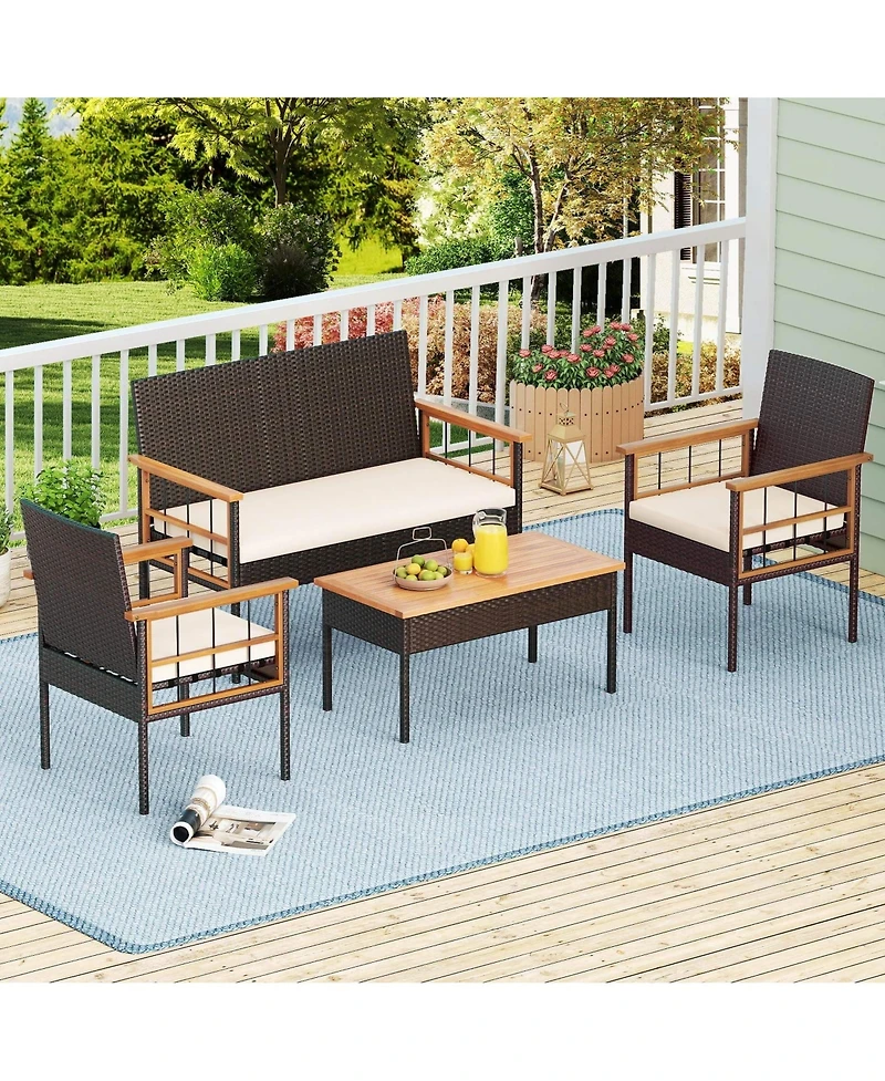 Costway 8 Pcs Wicker Furniture Set with Acacia Wood Tabletop Armrests Cushions for Backyard