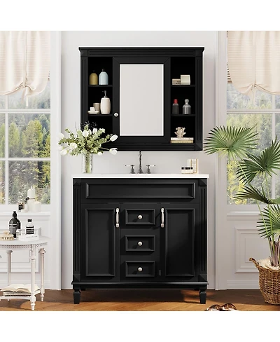 Sillysis 36" Bathroom Vanity with Sink and Mirror, Modern Freestanding Solid Wood Cabinet Storage Drawers Ceramic Top-Sillysis