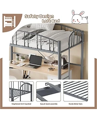 gaomon Twin Metal Loft Bed, Gray, Steel Frame, Arched Guardrails, Ladder, Space-Saving