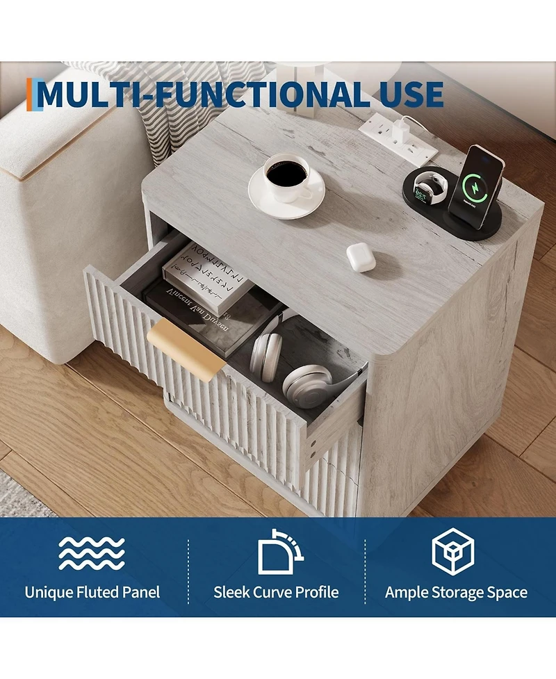 gaomon Fluted Farmhouse Night Stand, Fluted Nightstand with Charging Station, FlutedNightstand Bedroom with 3 Drawers