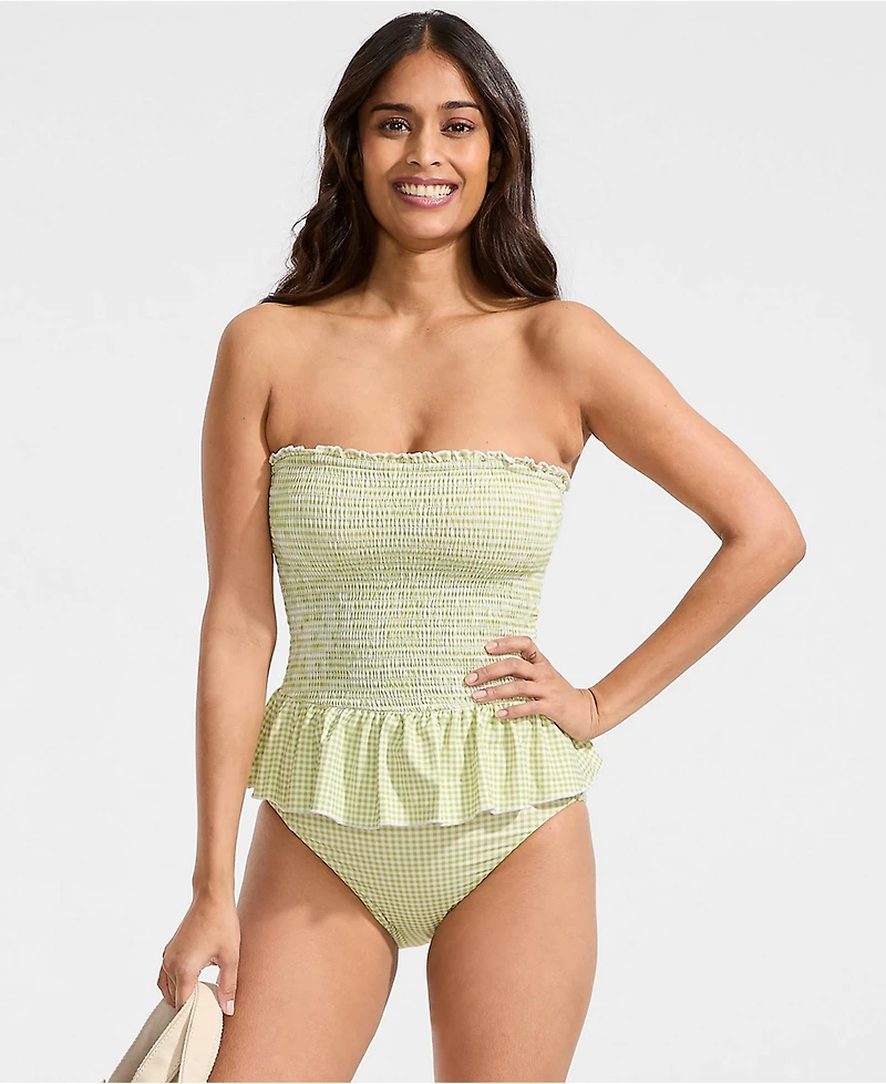 Lands' End Women's Smocked Bandeau Peplum One Piece Swimsuit