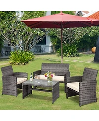 Gymax 4PCS Patio Outdoor Rattan Furniture Set Chair Loveseat Table Cushioned