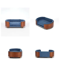 6thdruple Mid-Century Wood Pet Bed with Velvet Cushion