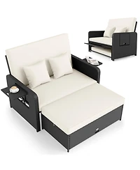 Gymax Set of 2 Pe Wicker Outdoor Daybed w/4-Level Adjustable Backrest Storage Ottoman