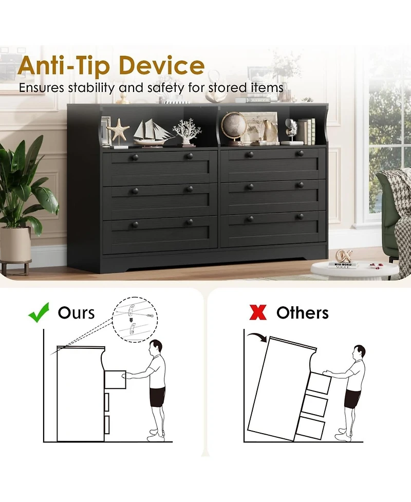 gaomon 6 Drawer Dresser for Bedroom, with Rgb Led Lights & Power Outlet, 55" Wide Chests of Drawers Dresser Tv Stand for 55 Inch Tv