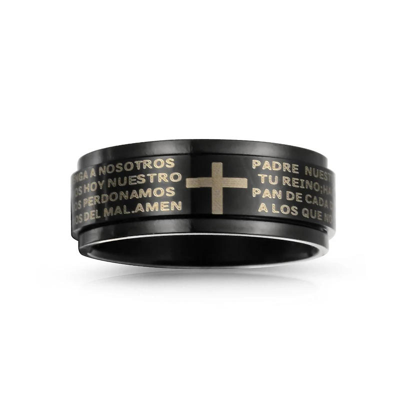 Bling Jewelry Black Spinner Religious Cross Words Lords Prayer Fidget Band Ring Stainless Steel