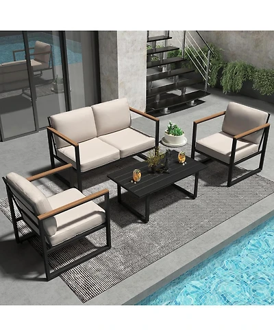 gaomon 4Pcs Metal Outdoor Patio Furniture Set All Weather Outdoor Conversation Set with Thick Cushions and Coffee Table Ideal for Backyard