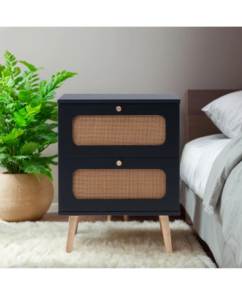 Rainsken 2-Drawers Rattan Nightstand, Handwoven Bedside Table End Table with Solid Wood Legs for Bedroom and Living Room